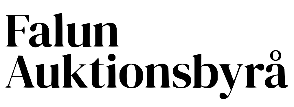 Svart logotyp med texten ”Falun Auktionsbyrå” i elegant serif-typsnitt mot transparent bakgrund