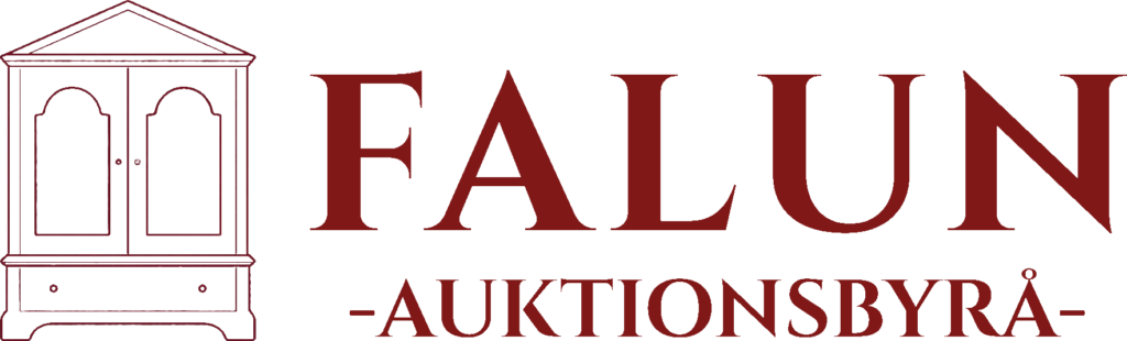 Logotyp för Falun Auktionsbyrå mot transparent bakgrund, med stiliserad linjeillustration av ett klassiskt skåp till vänster och texten ”Falun Auktionsbyrå” i mörkrött serif-typsnitt till höger, utformad i en elegant och tidlös stil som signalerar antikviteter, kvalitet och traditionellt auktionshantverk.