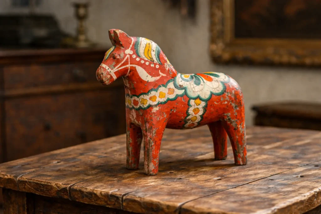En röd dalahäst står på ett antikt träbord