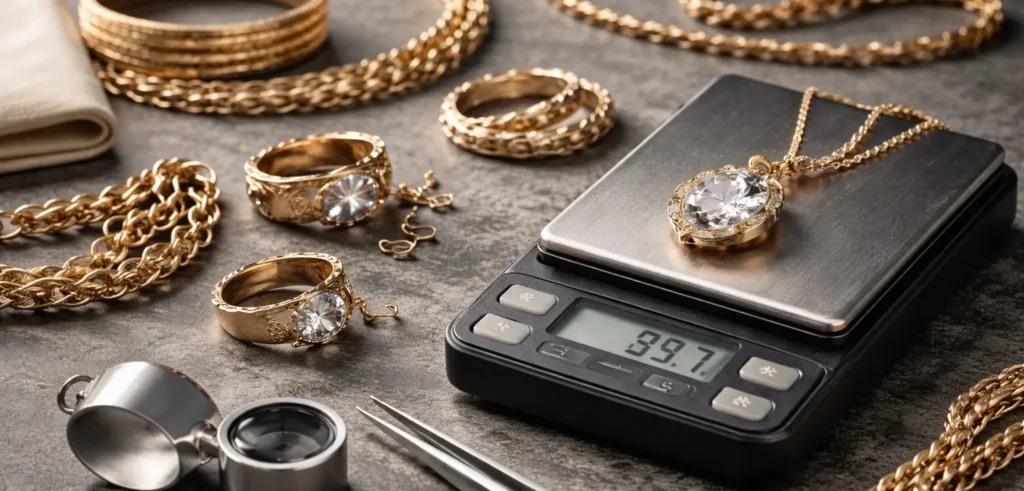 Guldsmycken som vägs på digital våg inför värdering och försäljning via auktion.