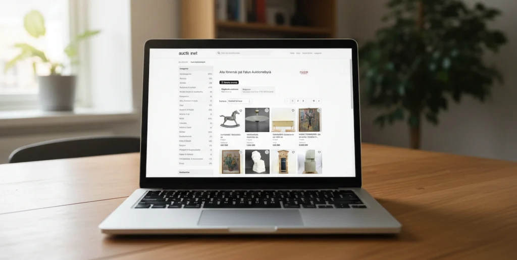 En bärbar dator visar hemsidan auctionet där Falun Auktionsbyrås auktion är aktiv.