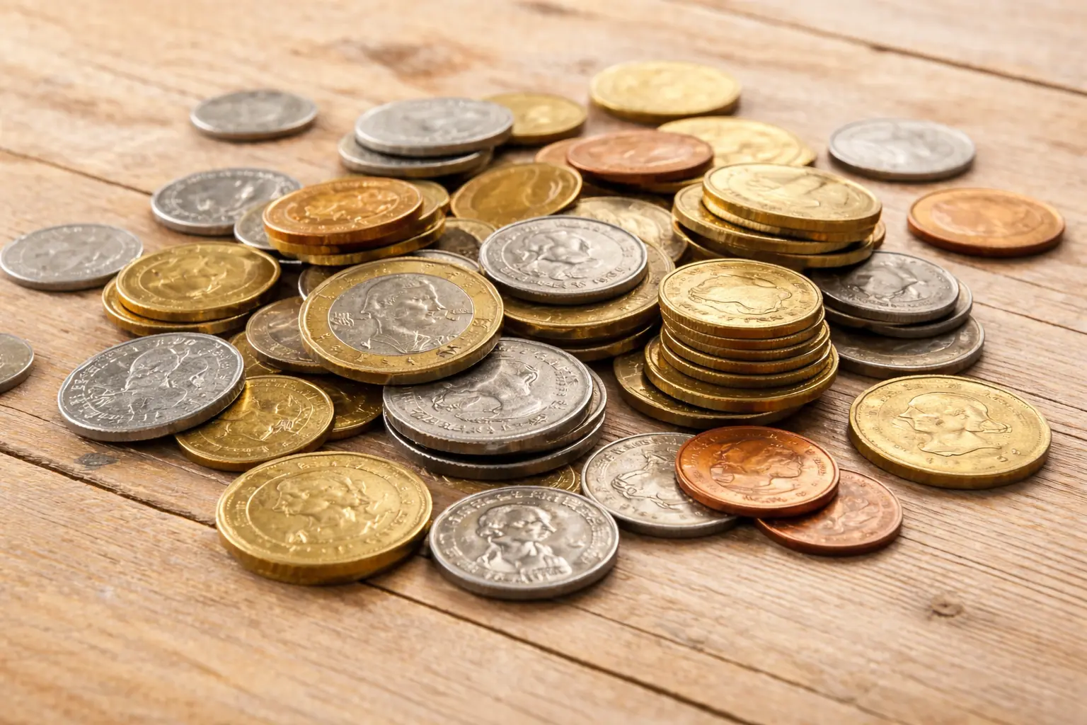 Närbild på en samling mynt i olika valörer och metaller som ligger utspridda på ett ljust träbord med jämn och naturlig belysning.